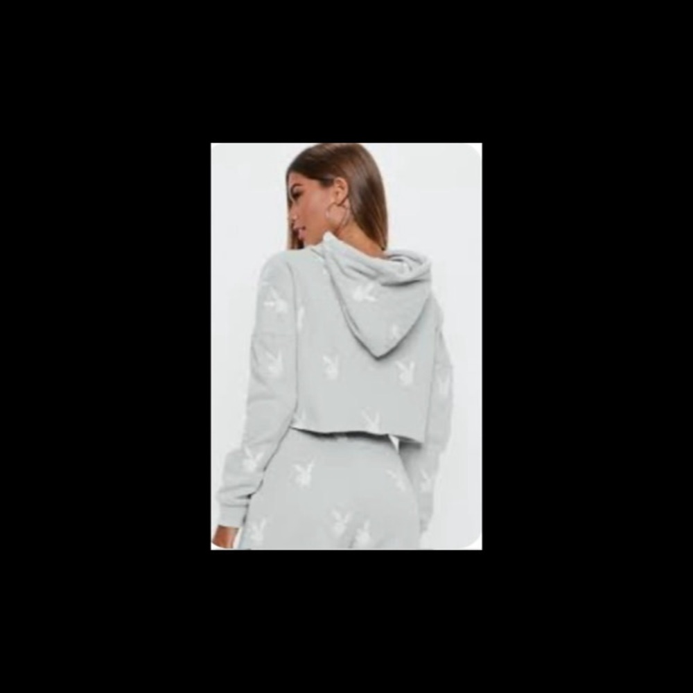 PLAYBOY x MISSGUIDED Cropped Hoodie, Size: US2, Light Grey/White